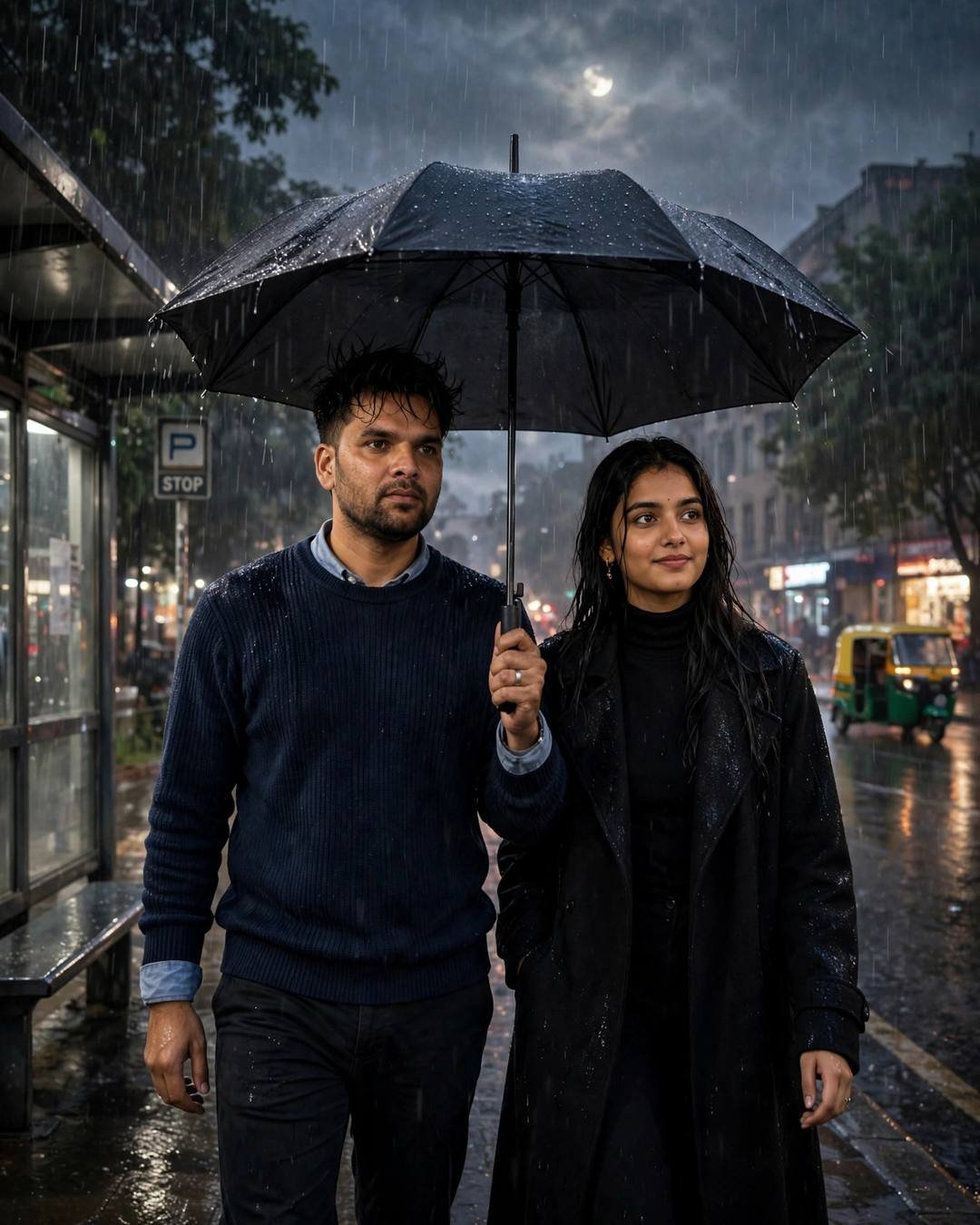 Couple sharing an umbrella at a rainy bus stop at night, moonlit clouds, city reflections