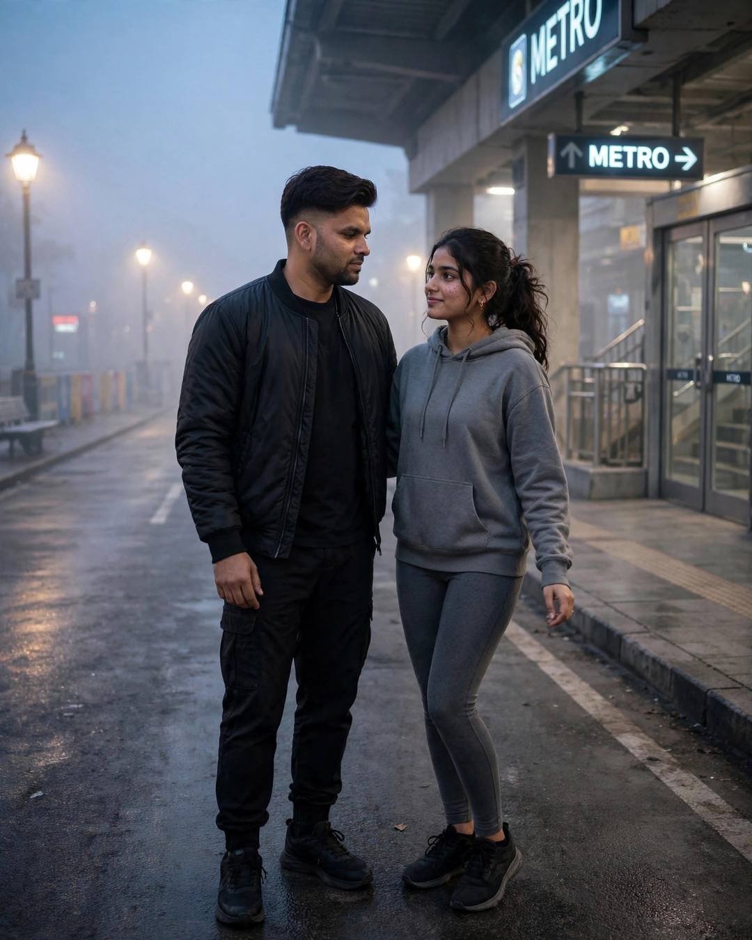 Couple standing face to face in dense fog beneath a metro station, lamps glowing through mist