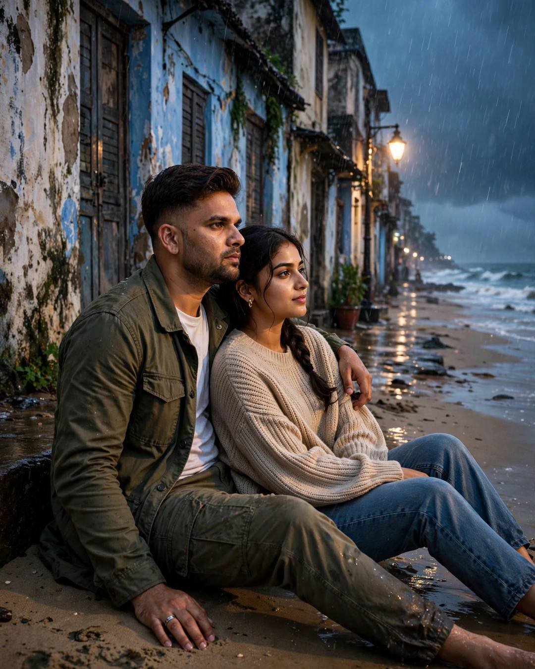 Couple sitting on wet sand against peeling blue walls, his arm around her, monsoon sea behind