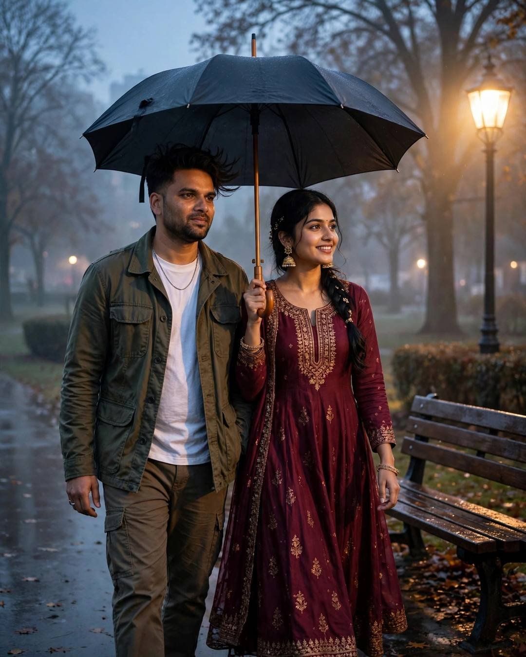 Couple walking under one umbrella in a foggy park at dawn, woman in maroon anarkali, lamp glowing
