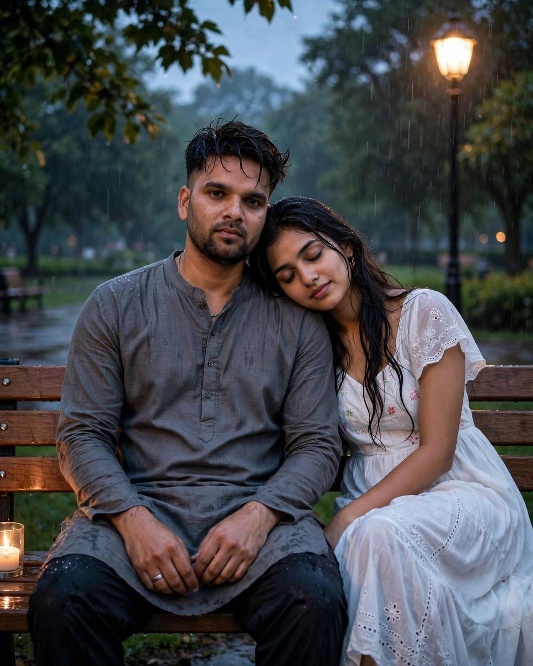 Him tying her anklet on a moonlit — grey kurta with dark pajama, damp rain-wet hair, sitting close on a bench, her head resting on his shoulder at park bench under a lone lamp; overcast gloom, blue ho