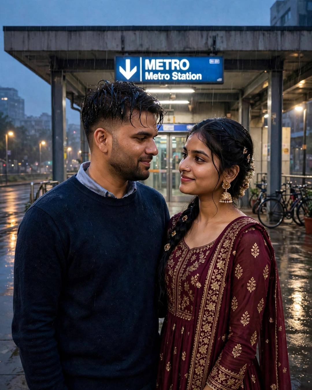 Foreheads touching as the sun sets behind — navy sweater over collared shirt, damp rain-wet hair, dancing slowly in an empty street under streetlights at midnight metro station; clear cold night, over