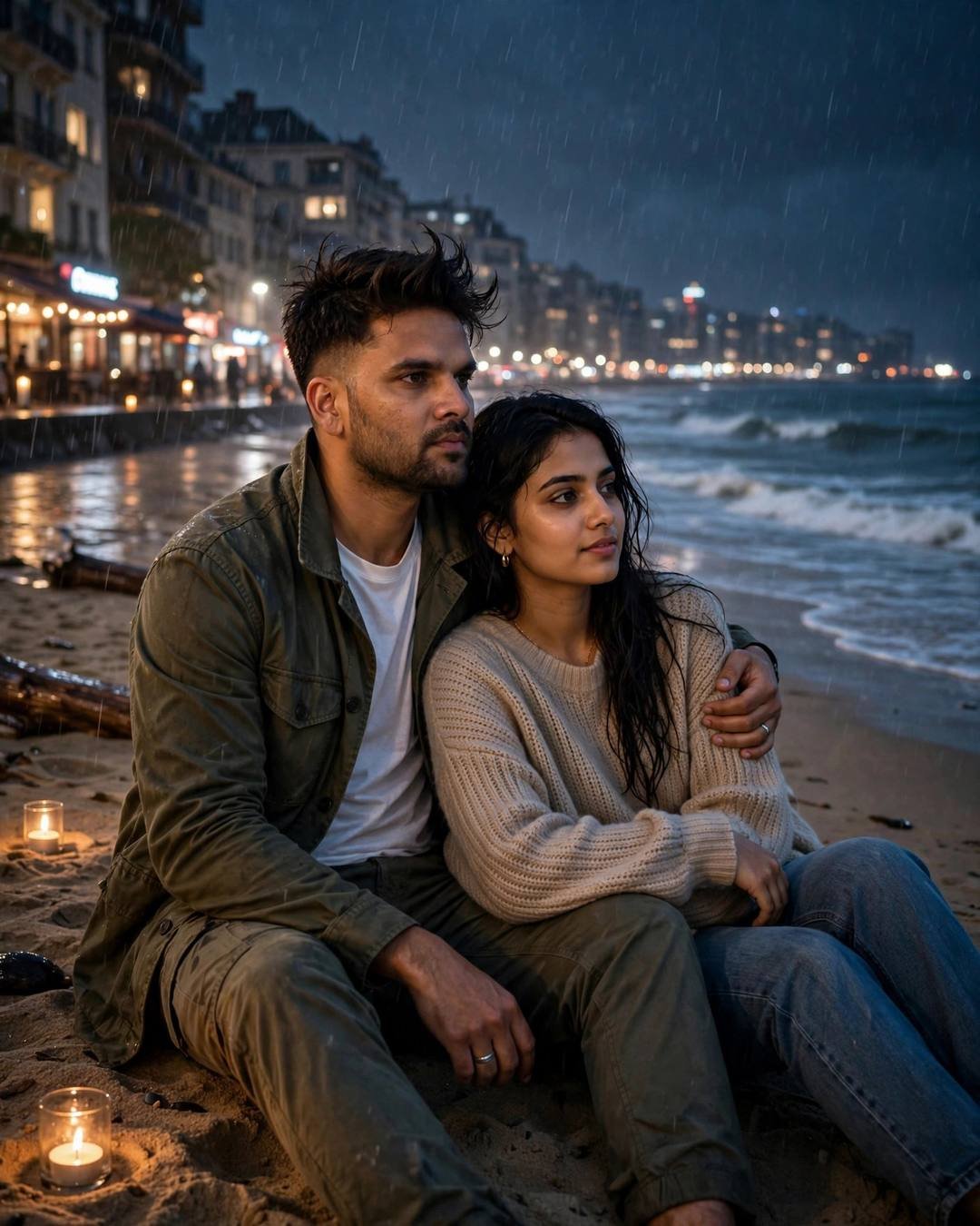 A surprise candlelight dinner on a terrace — olive field jacket, white tee, cargo pants, windswept textured hair, sitting on the sand watching the waves, his arm around her at rain-soaked city street;