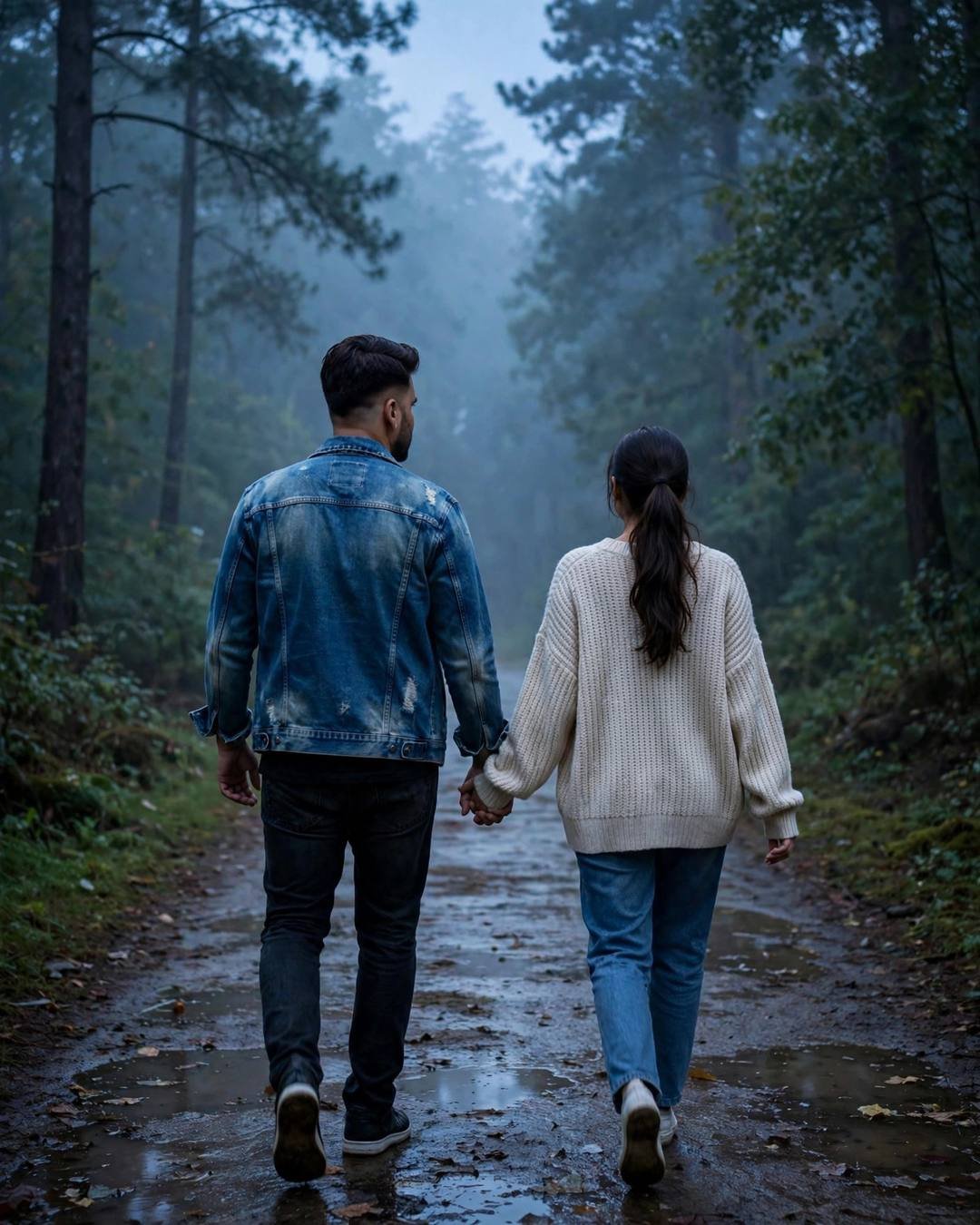 Sharing an umbrella under a sudden shower — distressed denim jacket over black tee, neatly combed side part, walking hand in hand away from the camera into the distance at misty forest path; post-rain
