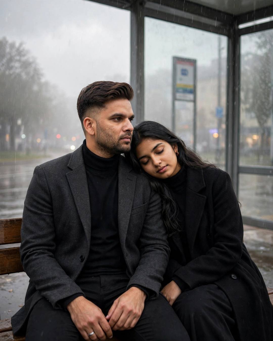Young couple at a rainy bus stop, her head resting on his shoulder, both dressed in black, rain-streaked glass shelter