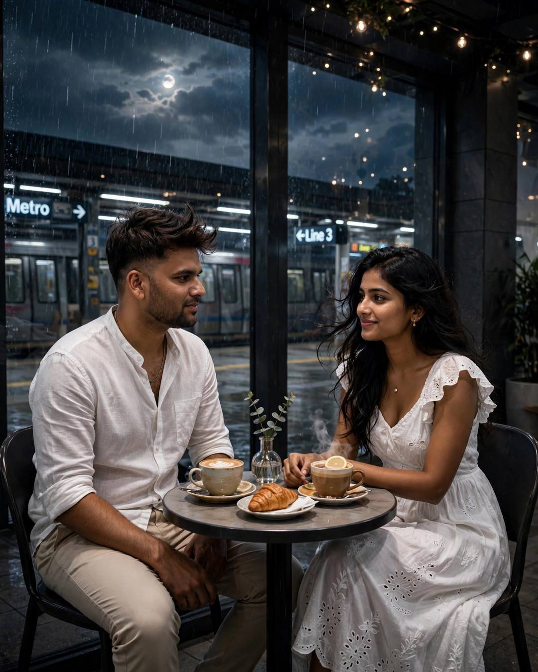 Young couple at a small cafe table in a midnight metro station in the rain, steaming coffee cups, moon through glass