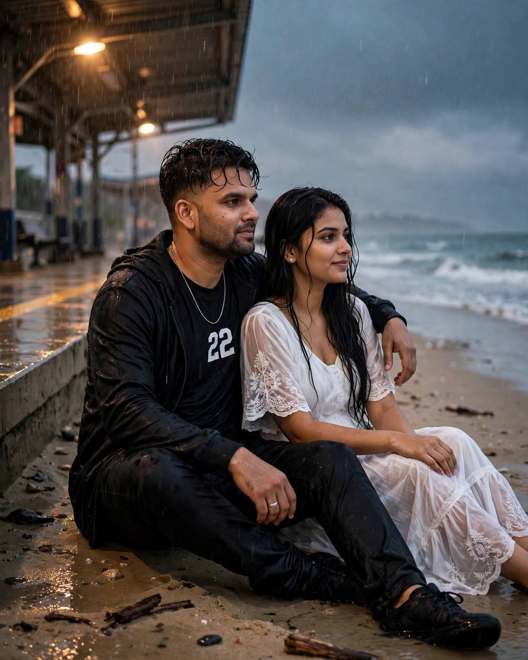 Young couple sitting on wet sand watching the waves at a night railway platform, man in black streetwear, woman in white dress