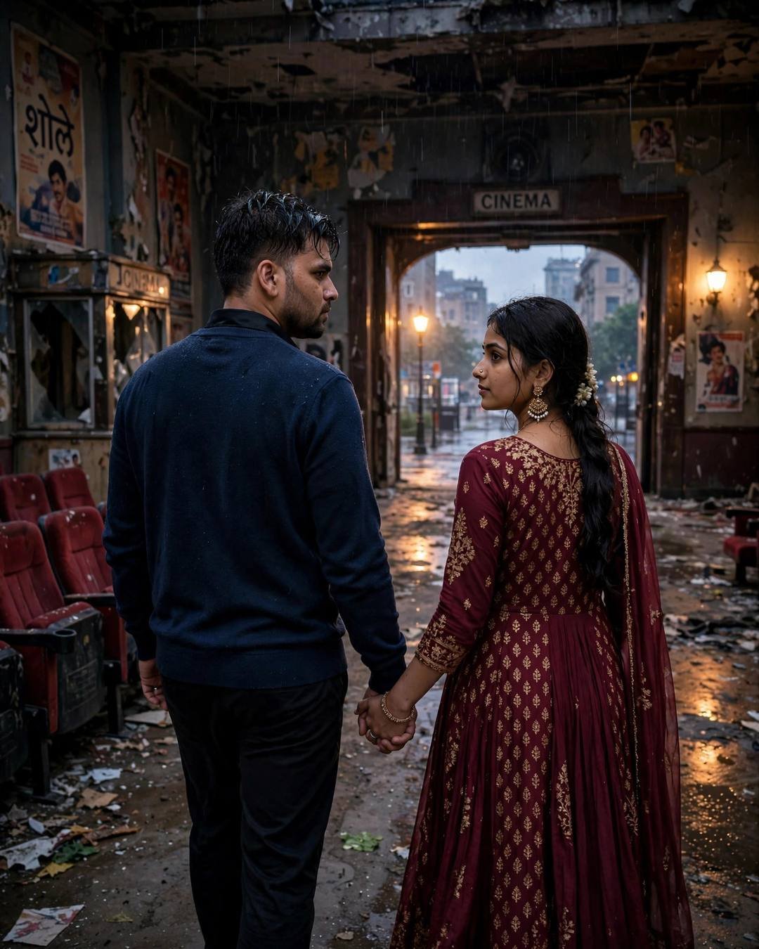 Young Indian couple walking hand in hand through an abandoned cinema hall, man in navy sweater, woman in maroon anarkali