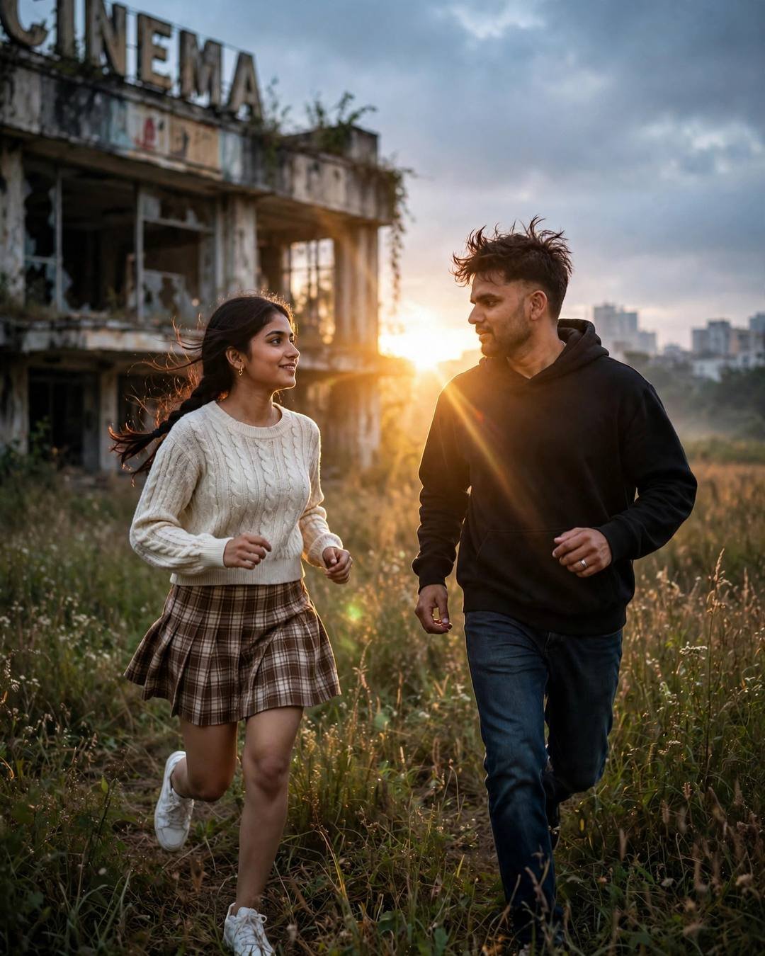 Young Indian couple running toward each other across a sunlit field in front of a ruined cinema, golden hour
