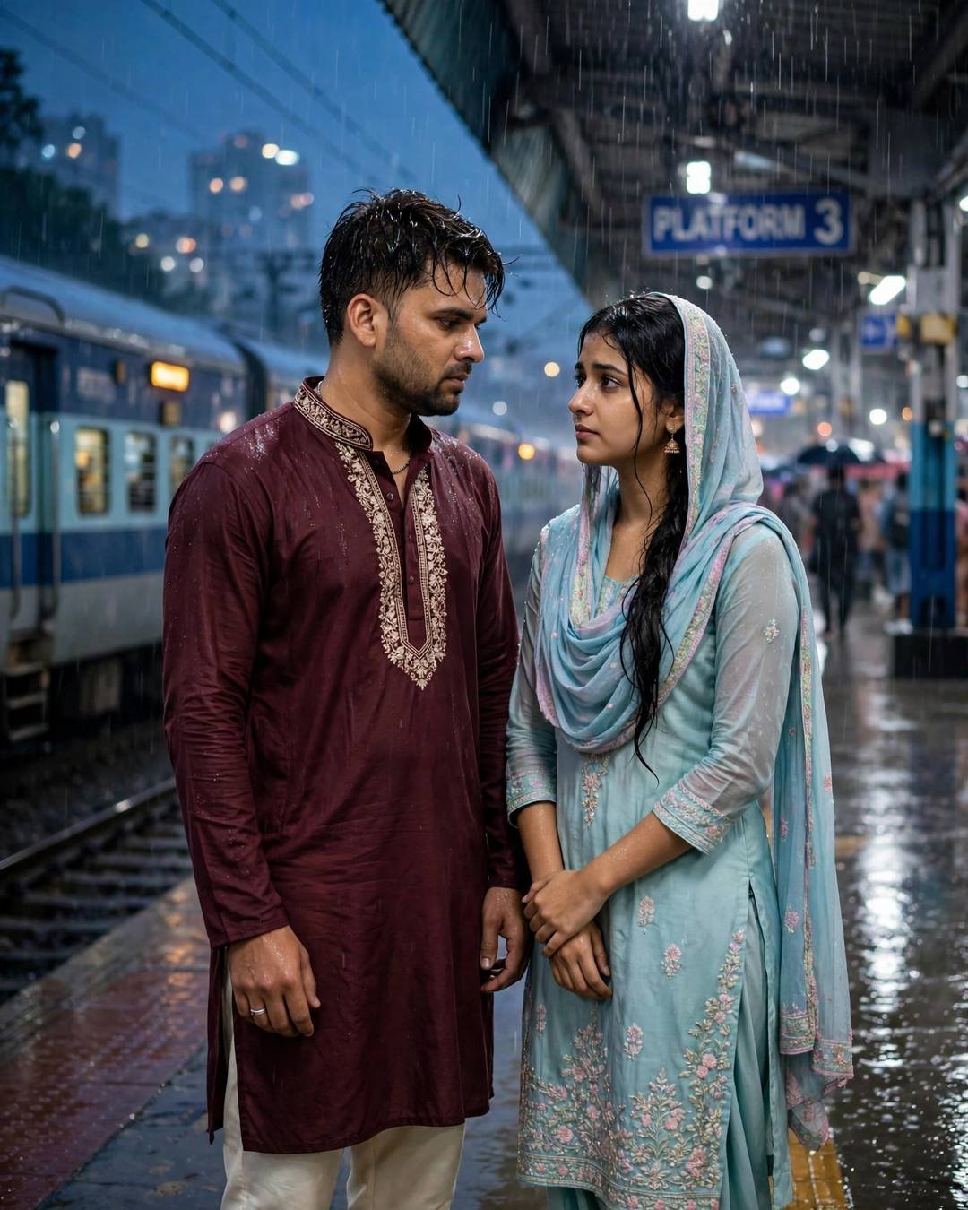 Young Indian couple standing close on a rainy railway platform at blue hour, man in maroon kurta, woman in pastel salwar-kameez