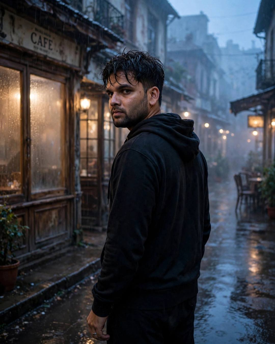Man in black hoodie looking over his shoulder on a rainy street past an old cafe at blue hour