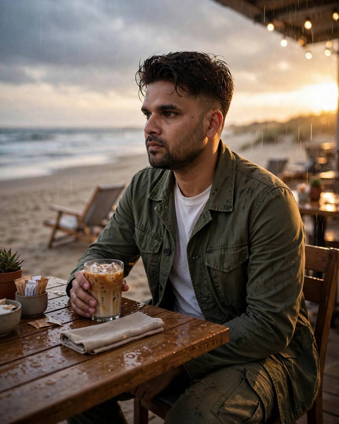 Man in olive field jacket sitting at a beach cafe table with iced coffee, golden hour, drizzle