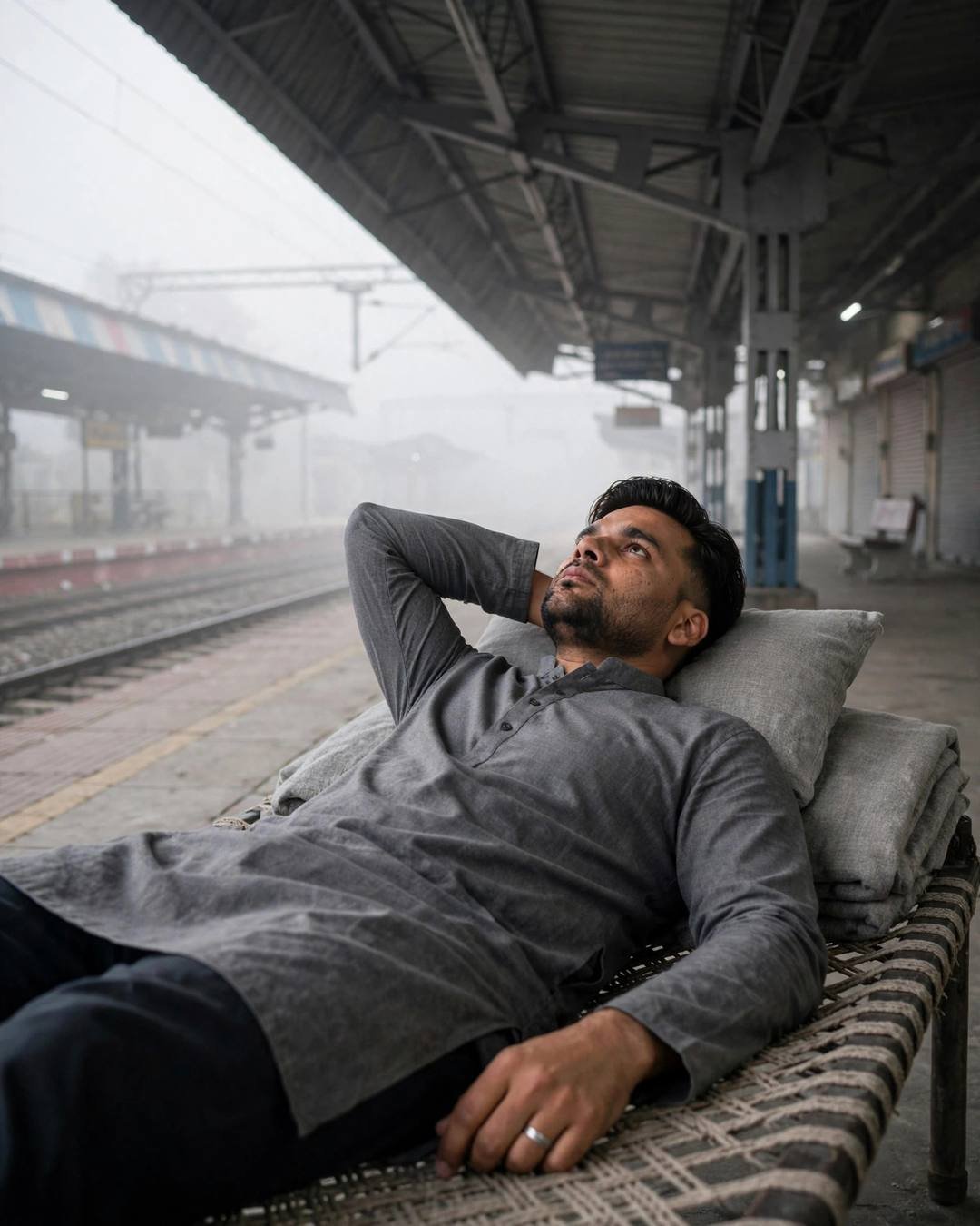 Man in grey kurta lying on a charpai on an empty foggy railway platform, gazing at the sky