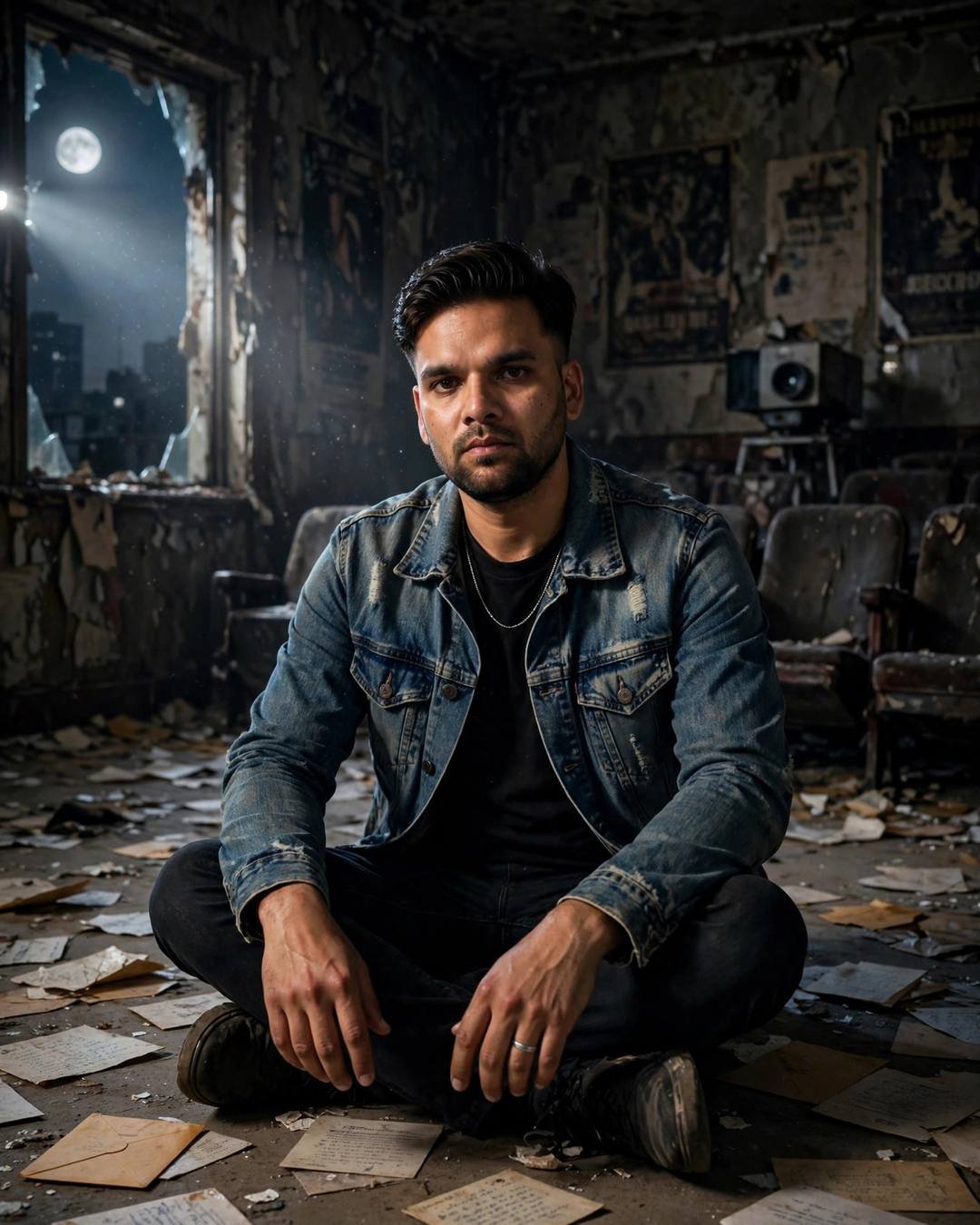 Man in distressed denim jacket sitting cross-legged among old letters in an abandoned cinema at night