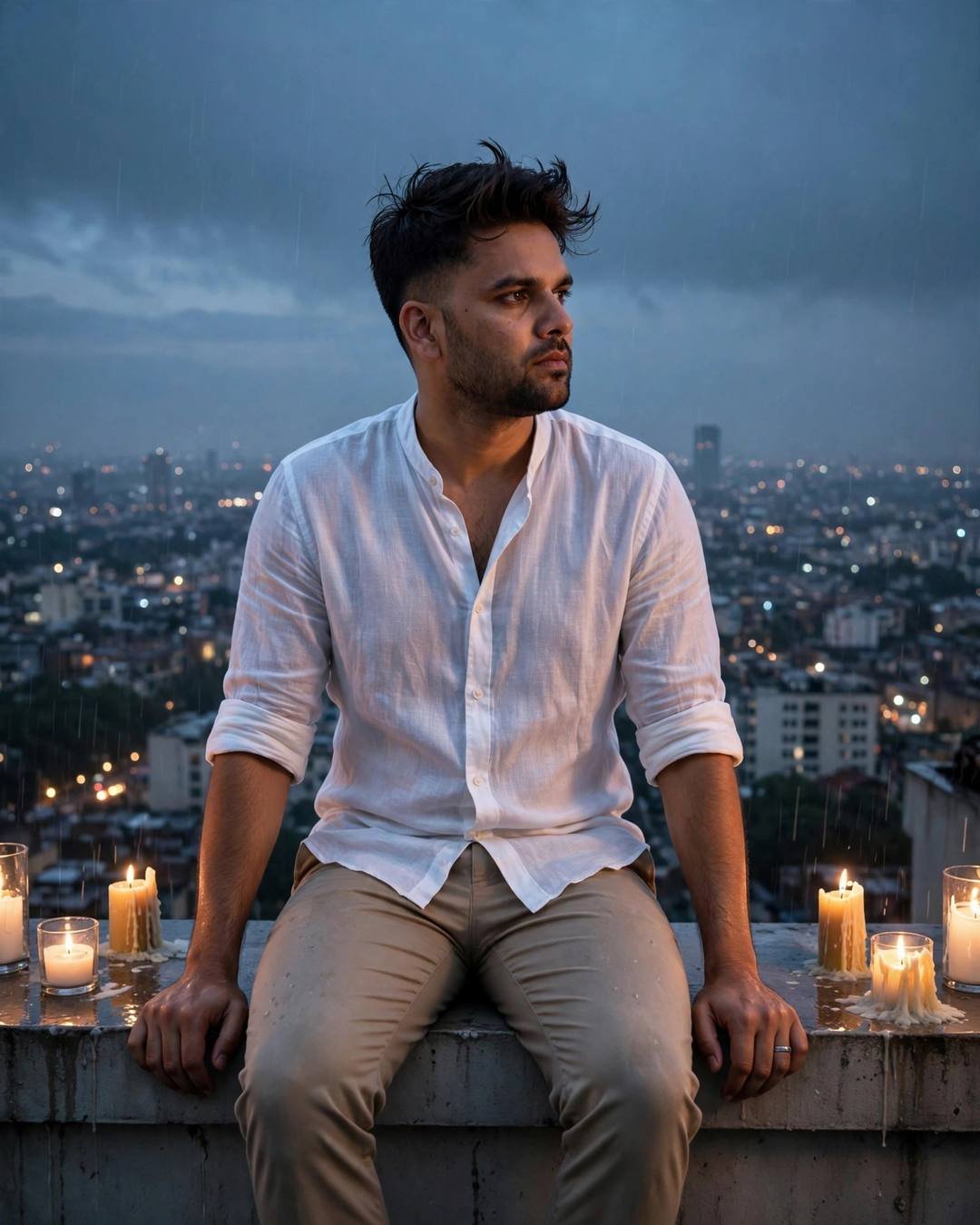 Sitting alone on a midnight bus, city — white linen shirt with rolled sleeves, beige trousers, windswept textured hair, sitting on a rooftop ledge, legs dangling over the edge at rooftop overlooking s