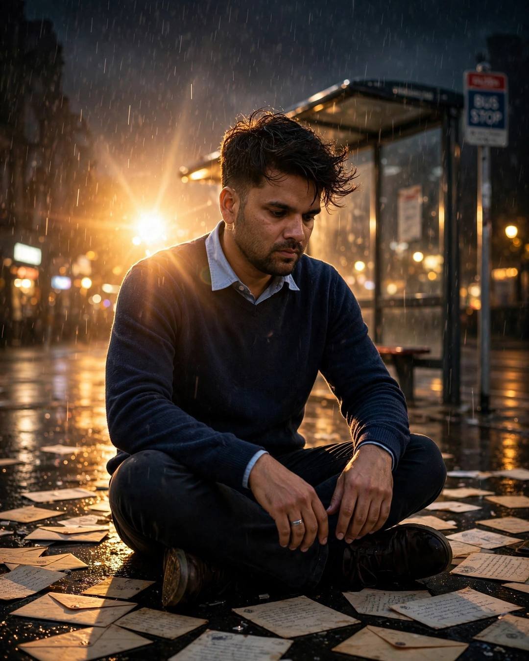 Tearing up a photograph, then stopping halfway — navy sweater over collared shirt, windswept textured hair, sitting cross-legged on the floor surrounded by old letters at bus stop in the rain; drizzle