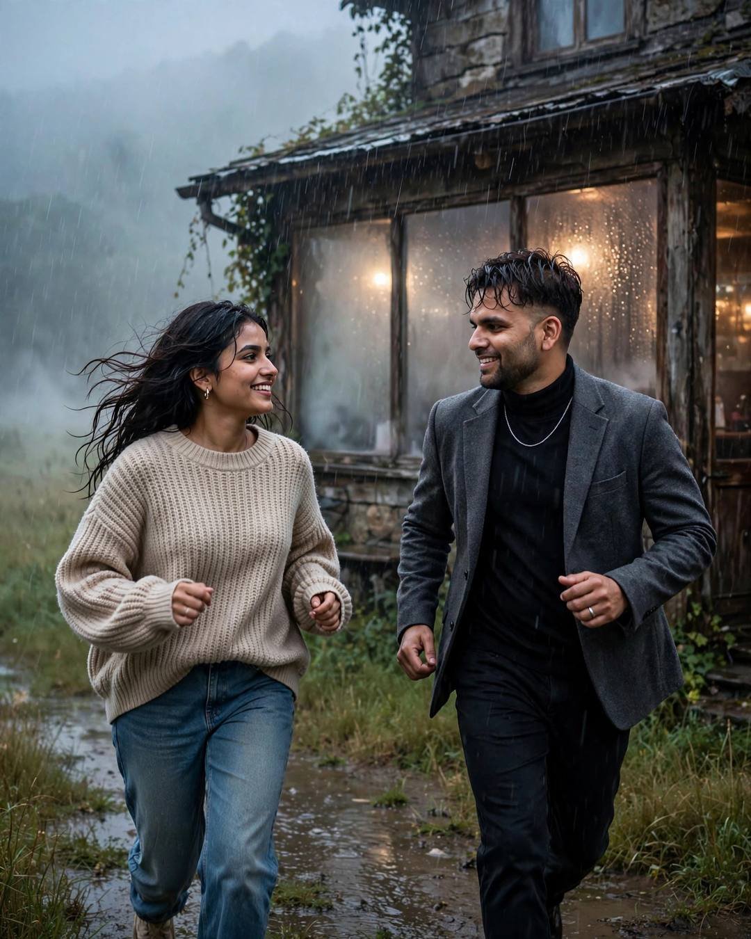Arguing softly in the rain, neither walking — charcoal blazer, black turtleneck, towel-dried tousled hair, running toward each other across a sunlit field at old cafe by a fogged window; heavy monsoon