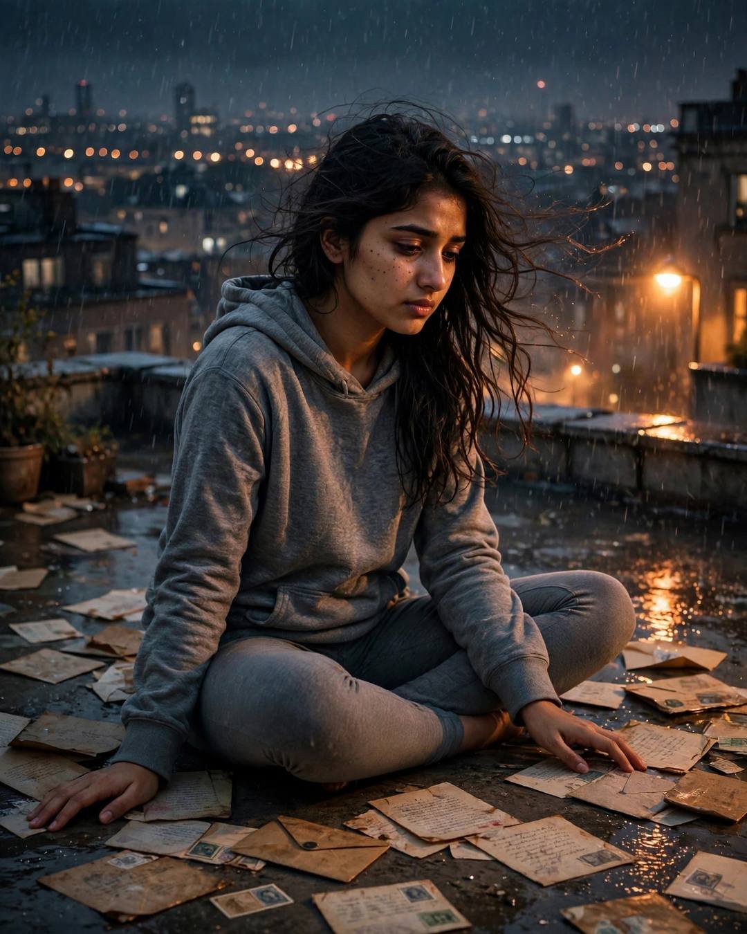Holding a wilted rose from last anniversary — grey hoodie and leggings, loose open hair in the breeze, sitting cross-legged on the floor surrounded by old letters at rooftop overlooking sleeping city 
