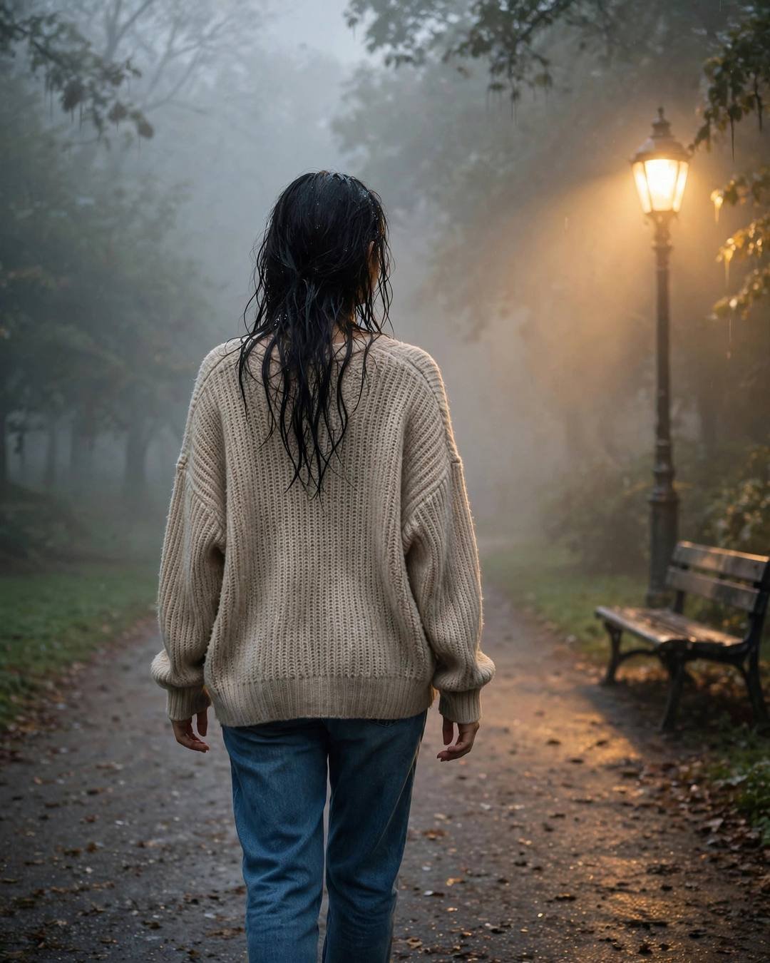 Finding his old hoodie in her wardrobe — oversized beige sweater and jeans, wet hair clinging softly, walking away from the camera down an empty path at park bench under a lone lamp; dense fog, overca
