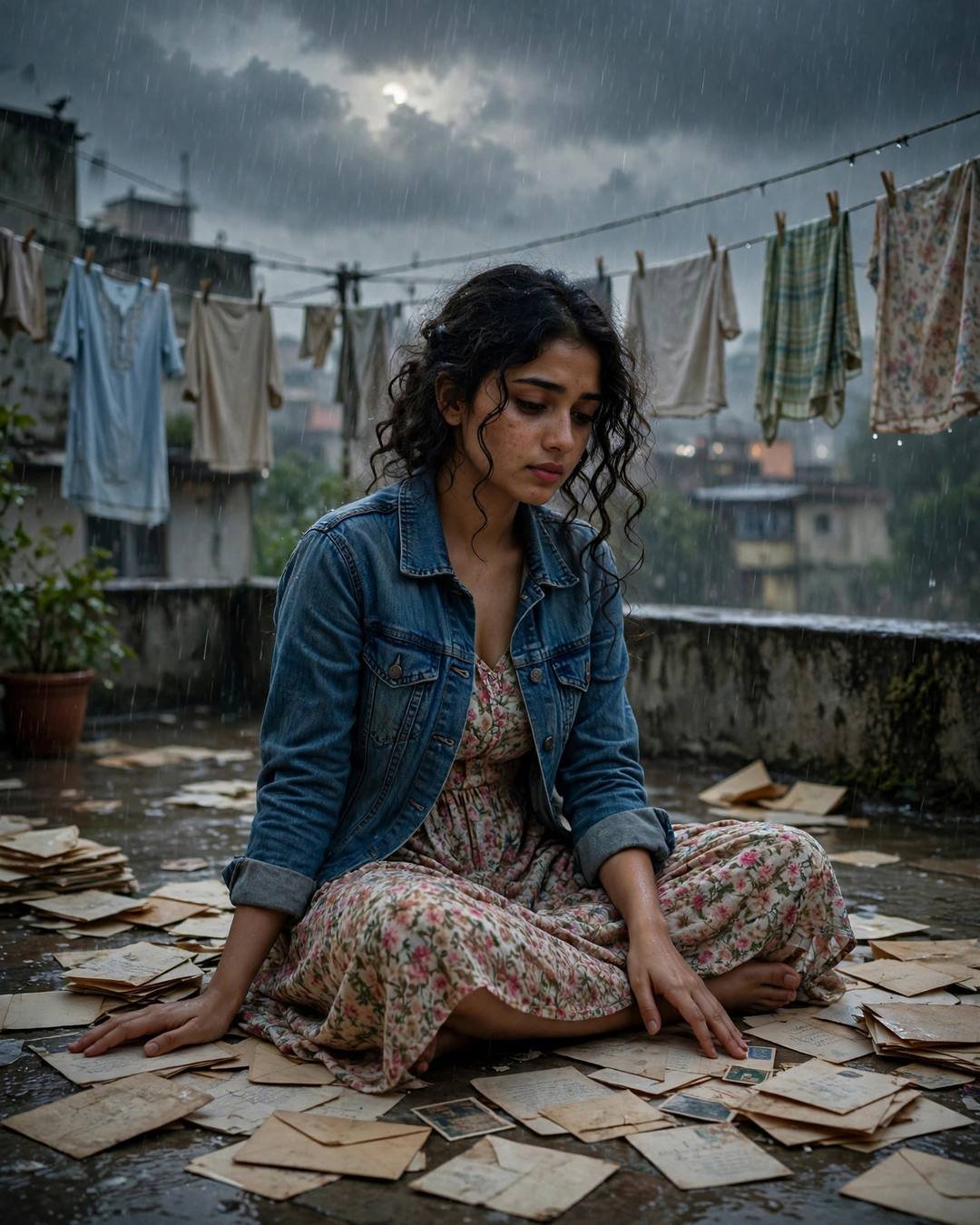 Crying quietly into a pillow at 2am — denim jacket over floral dress, soft curls framing the face, sitting cross-legged on the floor surrounded by old letters at terrace with drying clothes lines and 