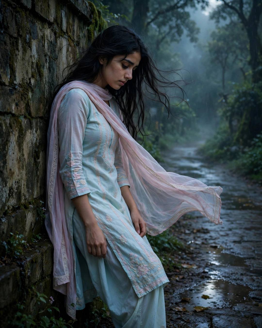 Deleting his number, finger hovering over delete — pastel salwar-kameez with dupatta, loose open hair in the breeze, leaning against a weathered wall, head tilted down at misty forest path; post-rain 
