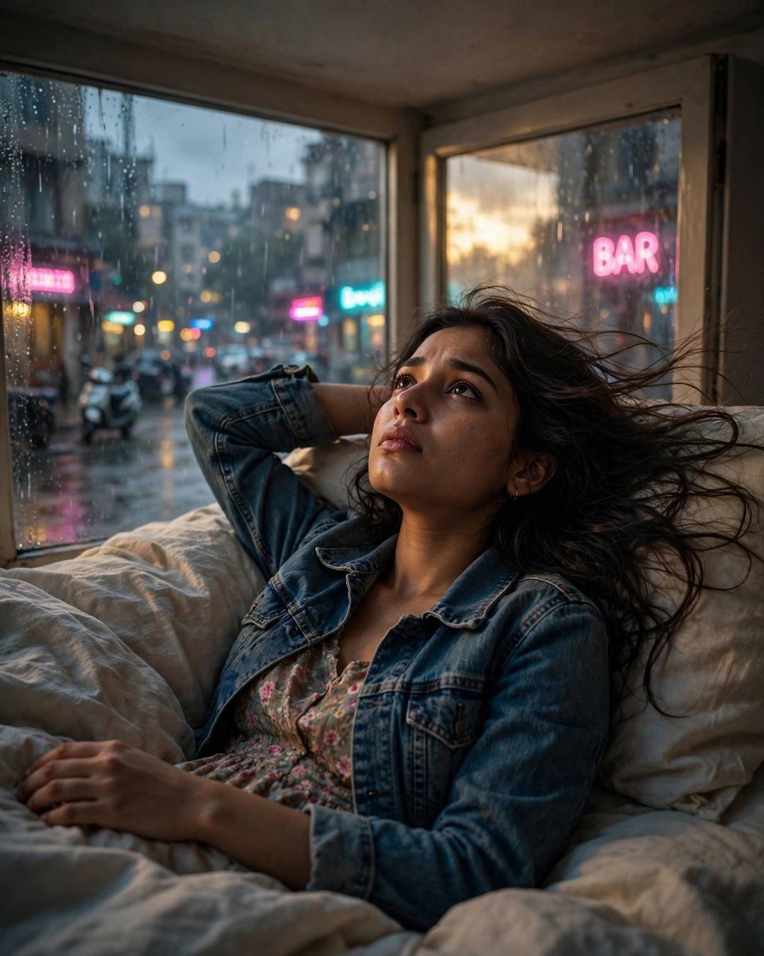 Wearing his oversized shirt, sleeves over her — denim jacket over floral dress, loose open hair in the breeze, lying on the bed staring at the ceiling, one arm behind head at rain-soaked city street; 