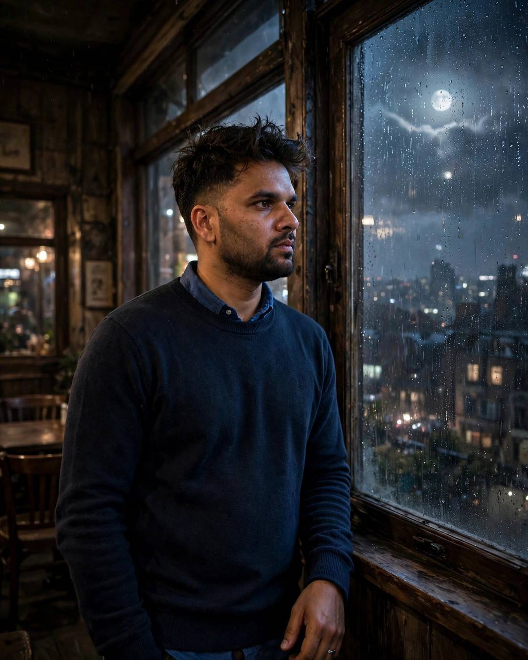 Young Indian man in navy sweater standing at a rain-streaked café window under a full moon at night