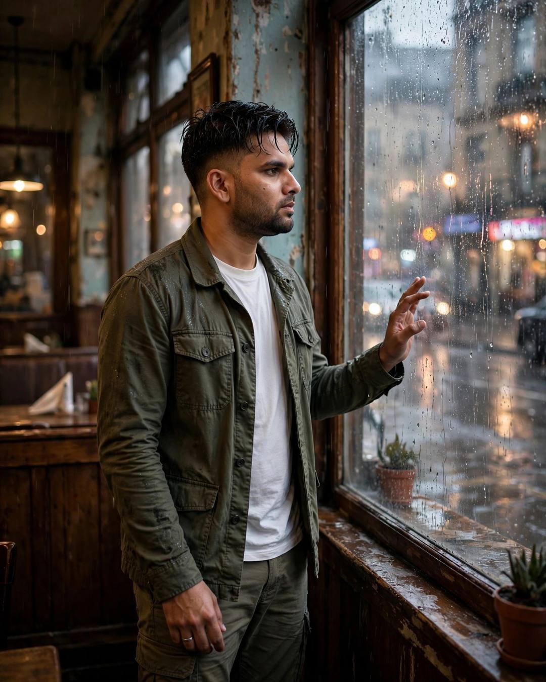 Young Indian man in olive field jacket hovering his hand near a fogged café window in the rain