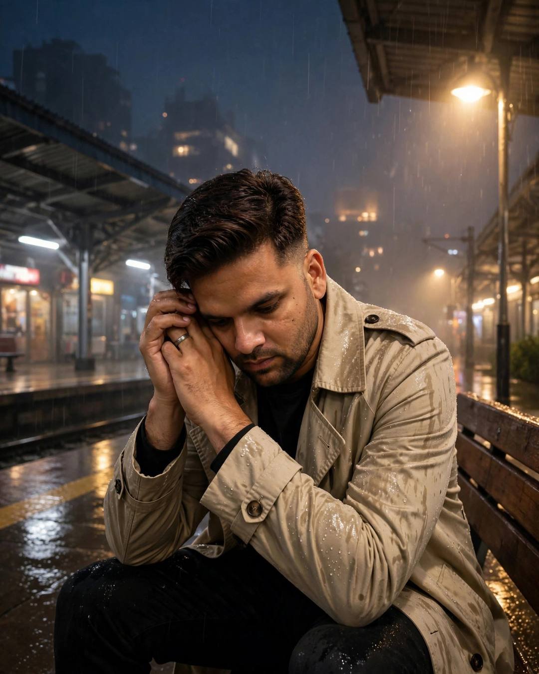 Young Indian man in beige trench coat sitting with bowed head on a foggy midnight railway platform