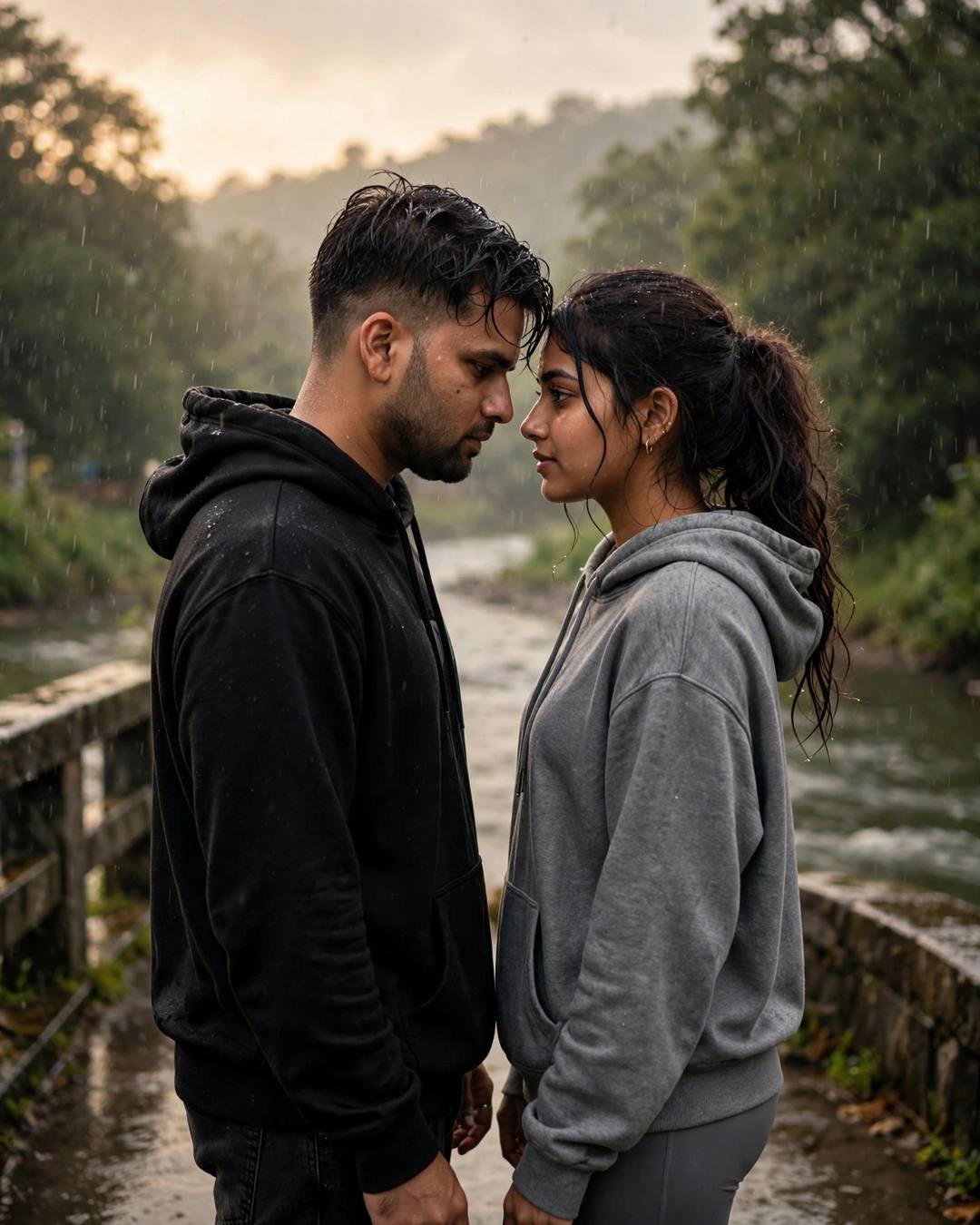 Young couple standing face to face with foreheads almost touching on a bridge over a river in drizzle at golden hour