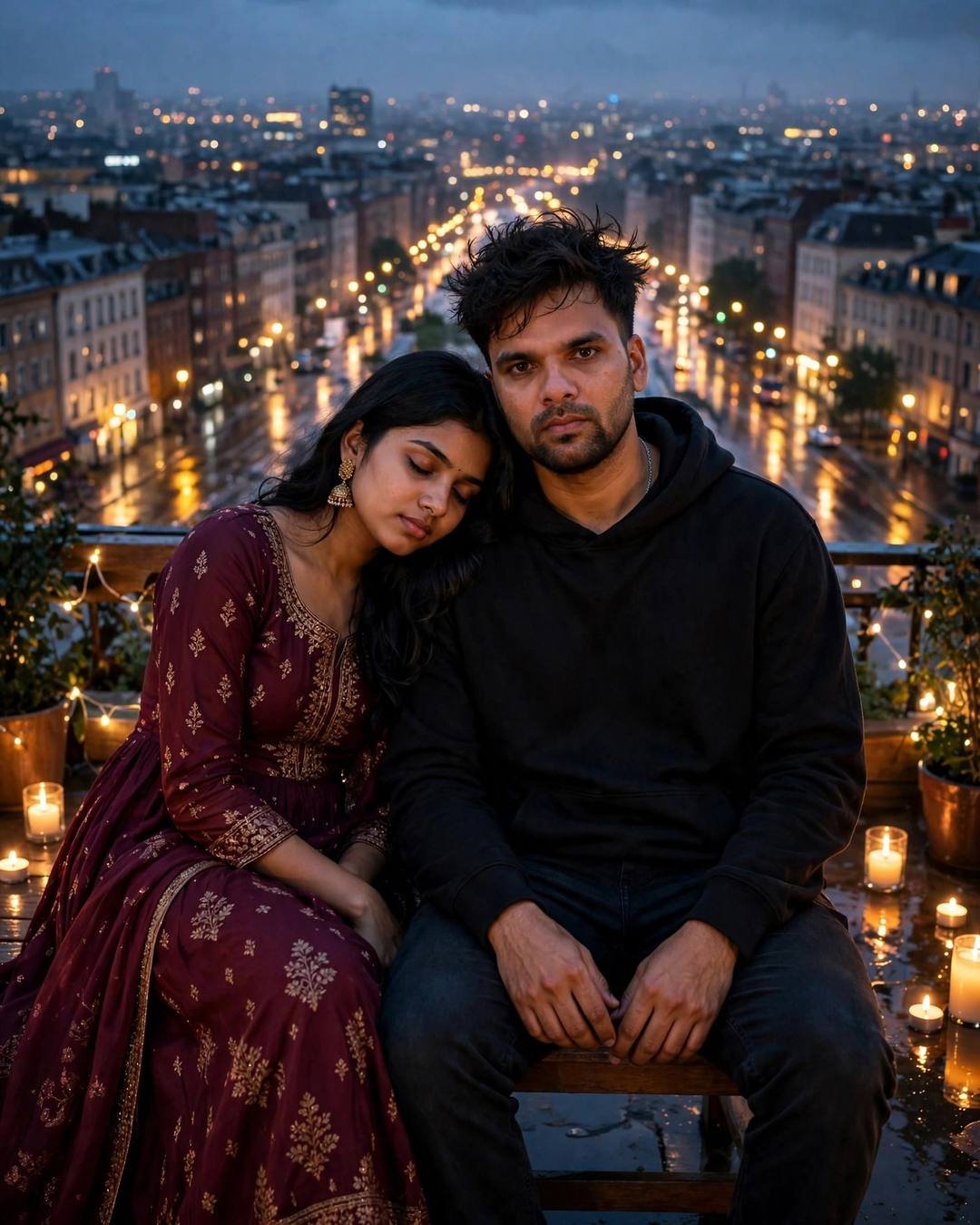 Young couple on a rooftop at night overlooking city lights, candles burning, woman in maroon anarkali leaning on man's shoulder