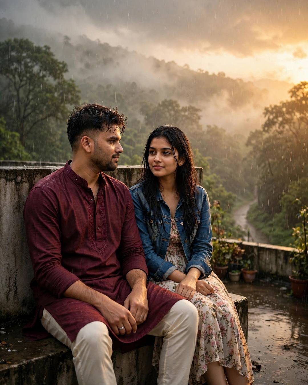 Young couple sitting on a rooftop in monsoon rain overlooking misty forested hills, man in maroon kurta, woman in denim jacket