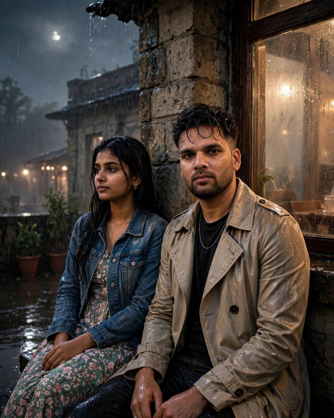 Matching bandhani at a folk fair — couple sitting against a stone wall by a fogged cafe window in moonlit rain, beige trench coat, denim jacket over floral dress