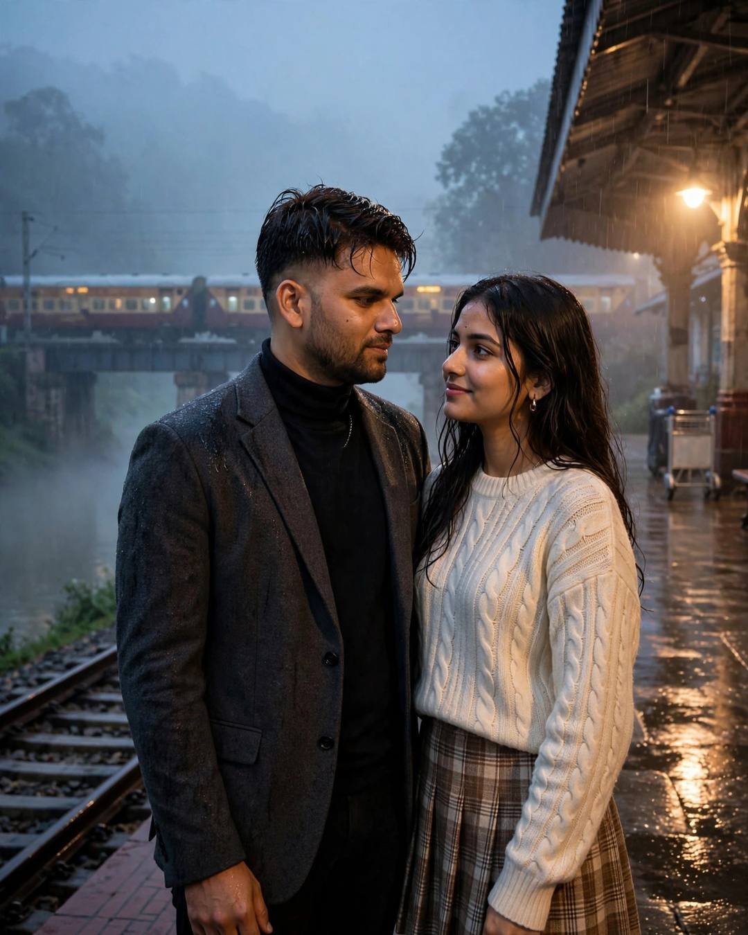 Her red chooda, his safa, one frame — couple embracing on a foggy railway platform at dusk, charcoal blazer and black turtleneck, cream knit top and plaid skirt