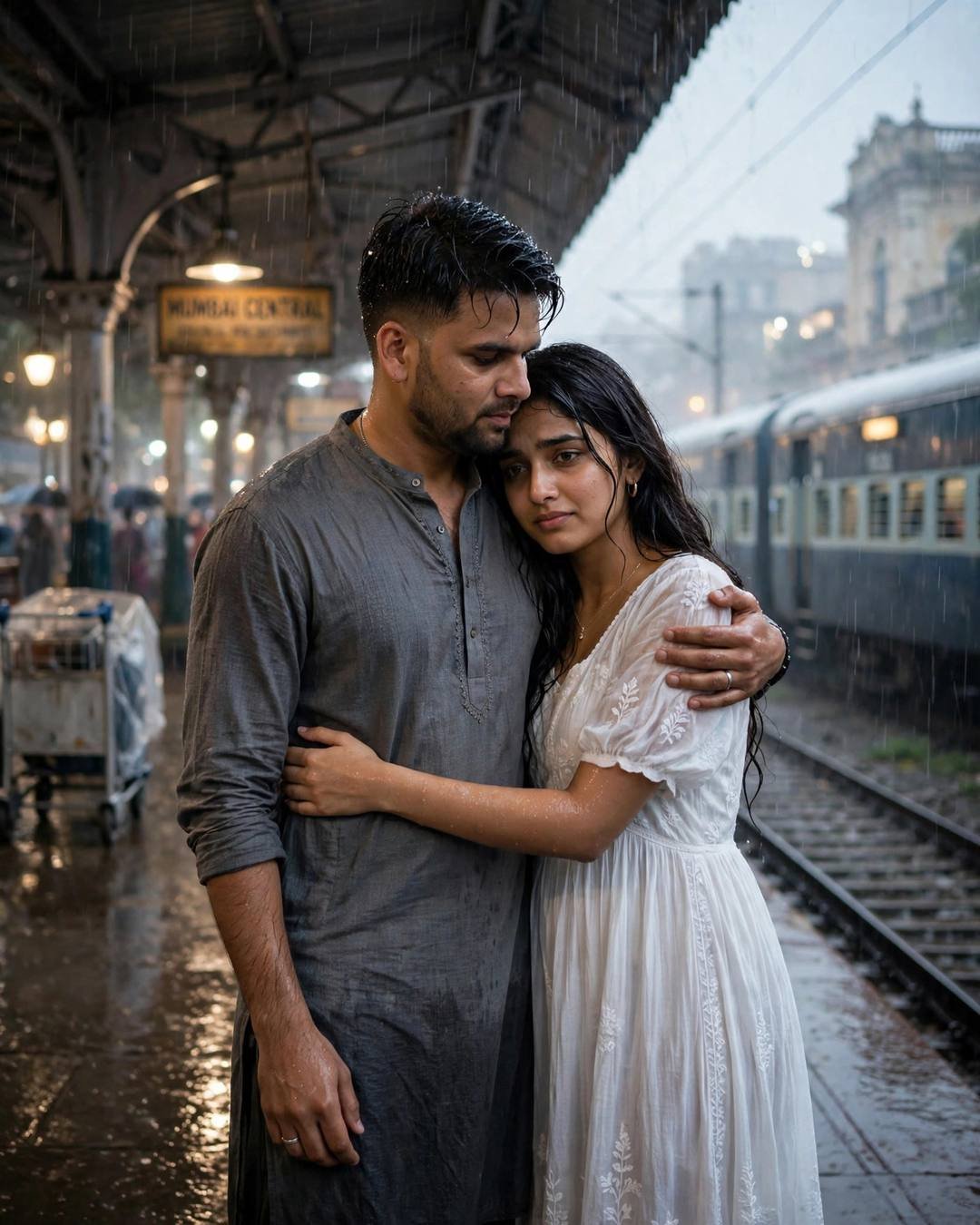 Pheras around the sacred fire at dawn — couple embracing on a rainy Mumbai Central platform, grey kurta, white embroidered dress