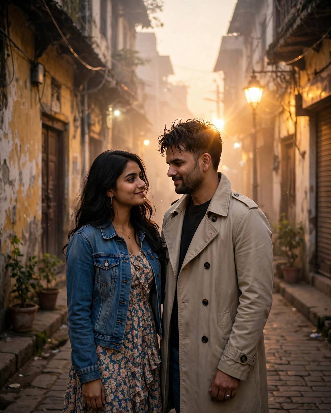 A temple courtyard blessing at sunrise — couple standing close in a foggy old-city lane at golden hour, beige trench coat, denim jacket over floral dress