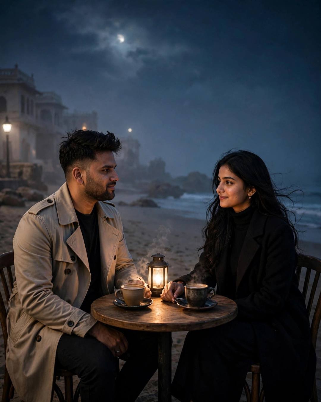 Marigold haldi morning, turmeric on cheeks — couple at a small cafe table on a moonlit beach at dusk, beige trench coat, black turtleneck with long coat, lantern and steaming cups