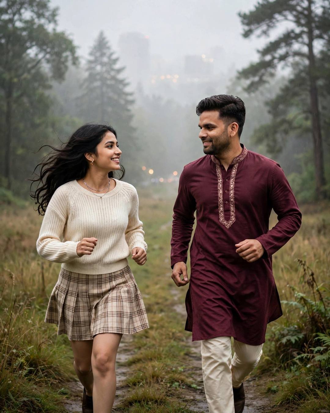 Young Indian couple laughing and running toward each other on a misty forest path, maroon kurta and cream knit top