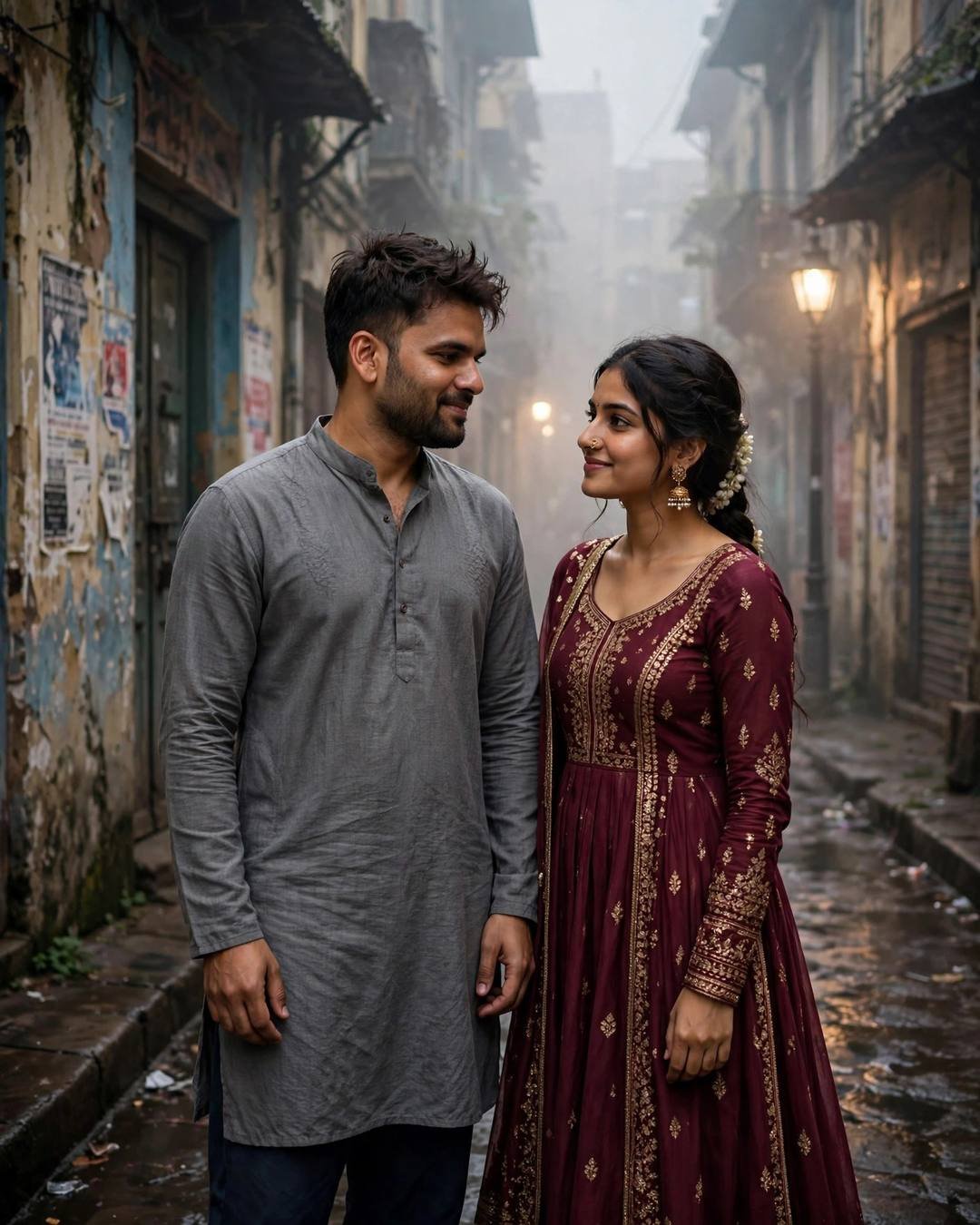Young Indian couple face to face in a foggy old-city lane, grey kurta and maroon anarkali, streetlights glowing