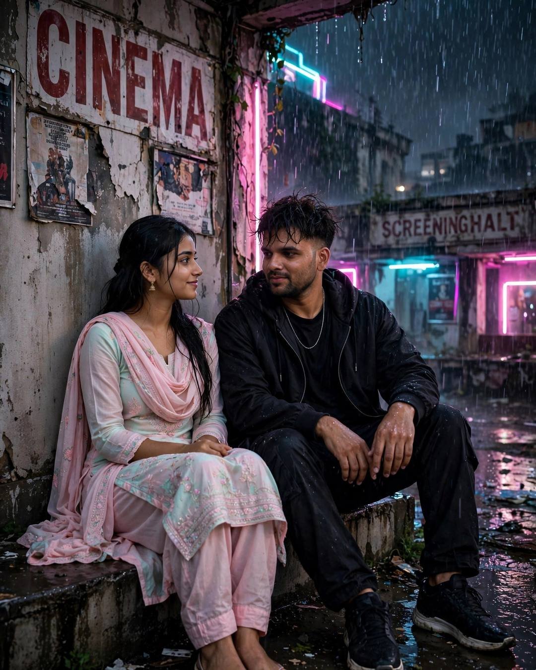 Young Indian couple seated against an abandoned cinema wall in monsoon rain with pink and cyan neon