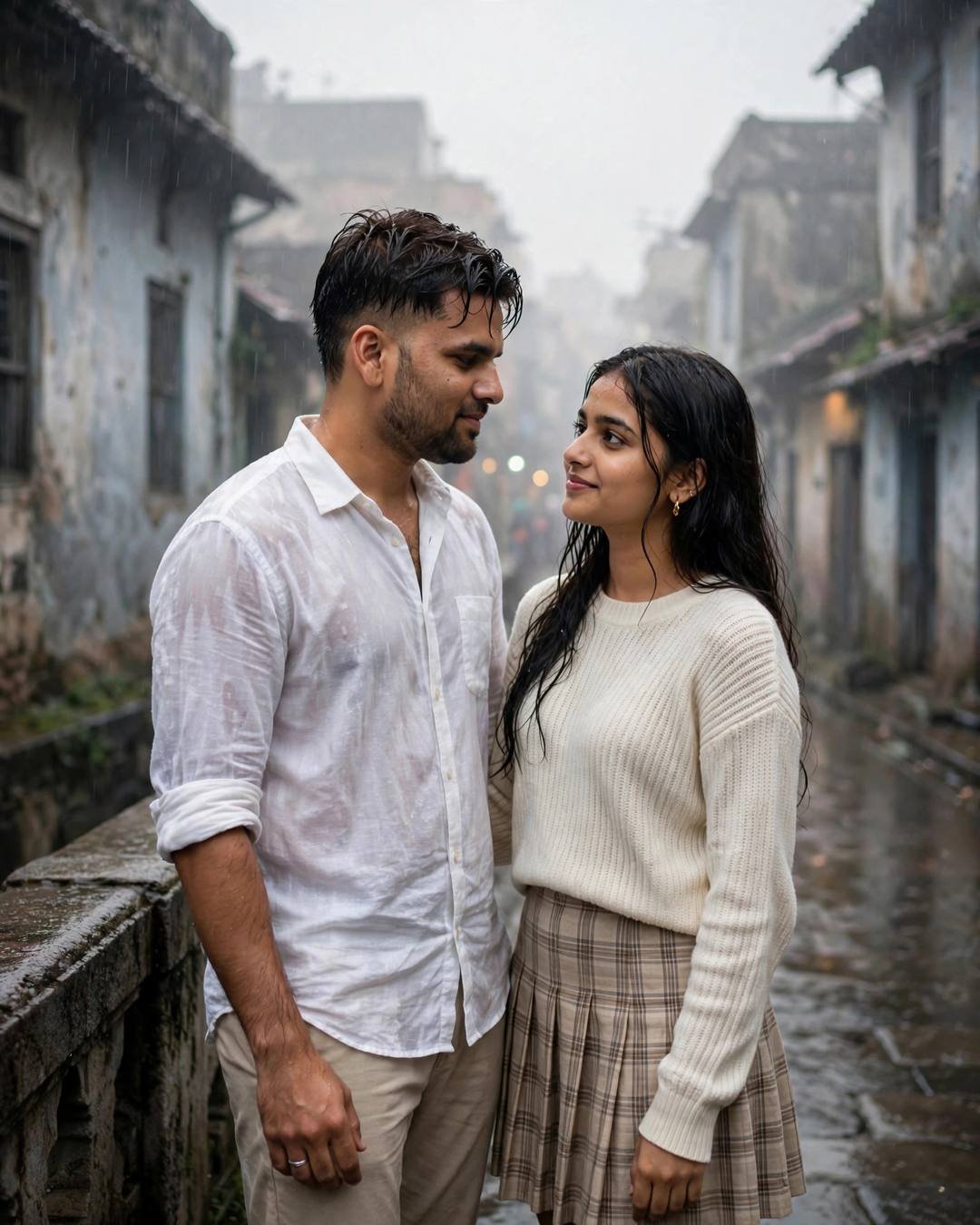 Young Indian couple face to face on a rain-wet bridge in an old-city lane, white linen shirt and cream knit top