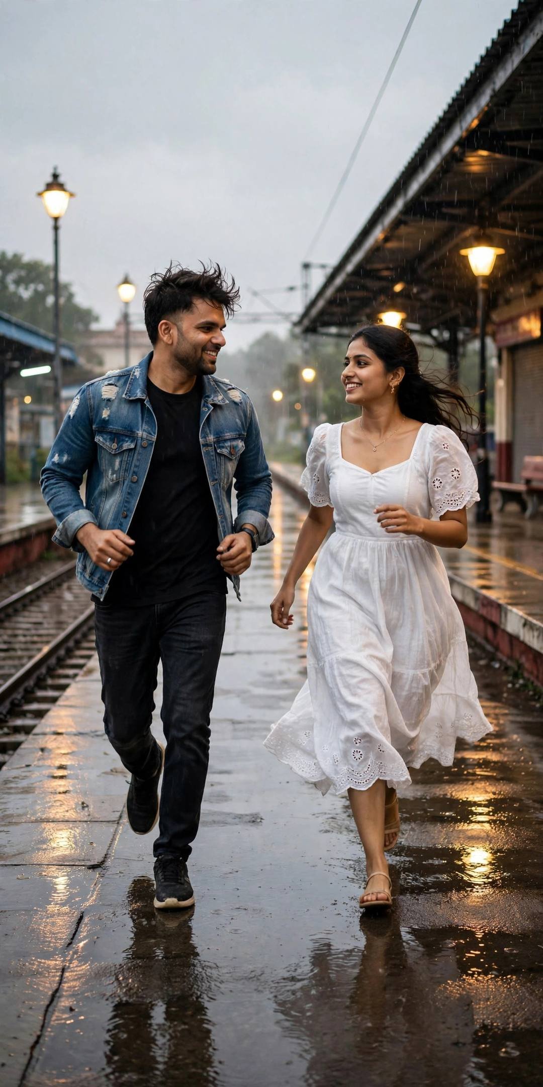 Young Indian couple laughing and running on a rain-wet railway platform at night, denim jacket and white dress