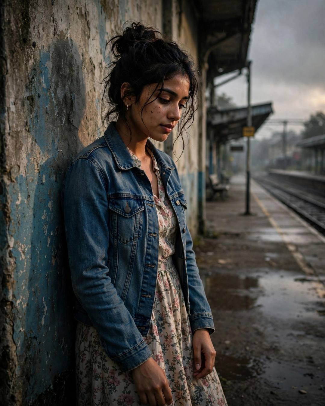 Young Indian woman in a denim jacket over a floral dress leaning against a wall on an empty railway platform