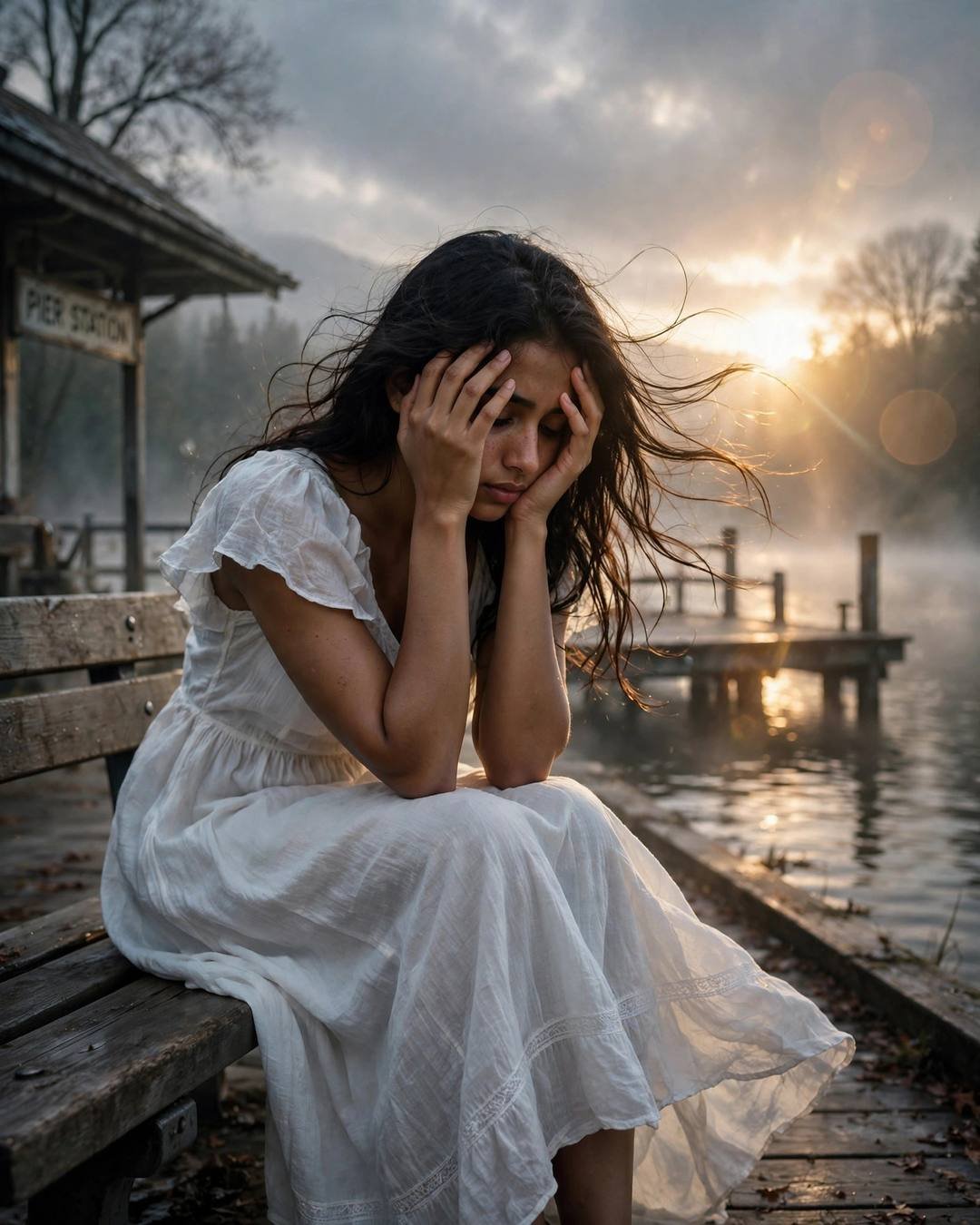 Young Indian woman in a white dress with head in hands on a wooden bench at a lake pier station at golden hour