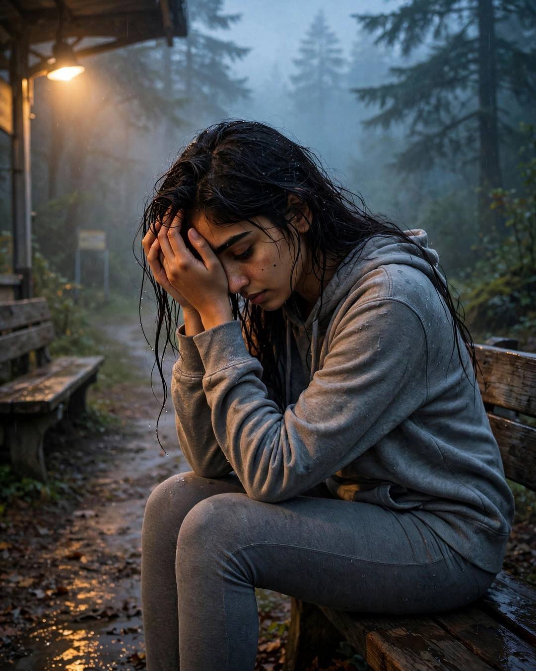 Young Indian woman in a grey hoodie with head in hands on a bench in a misty forest at blue hour