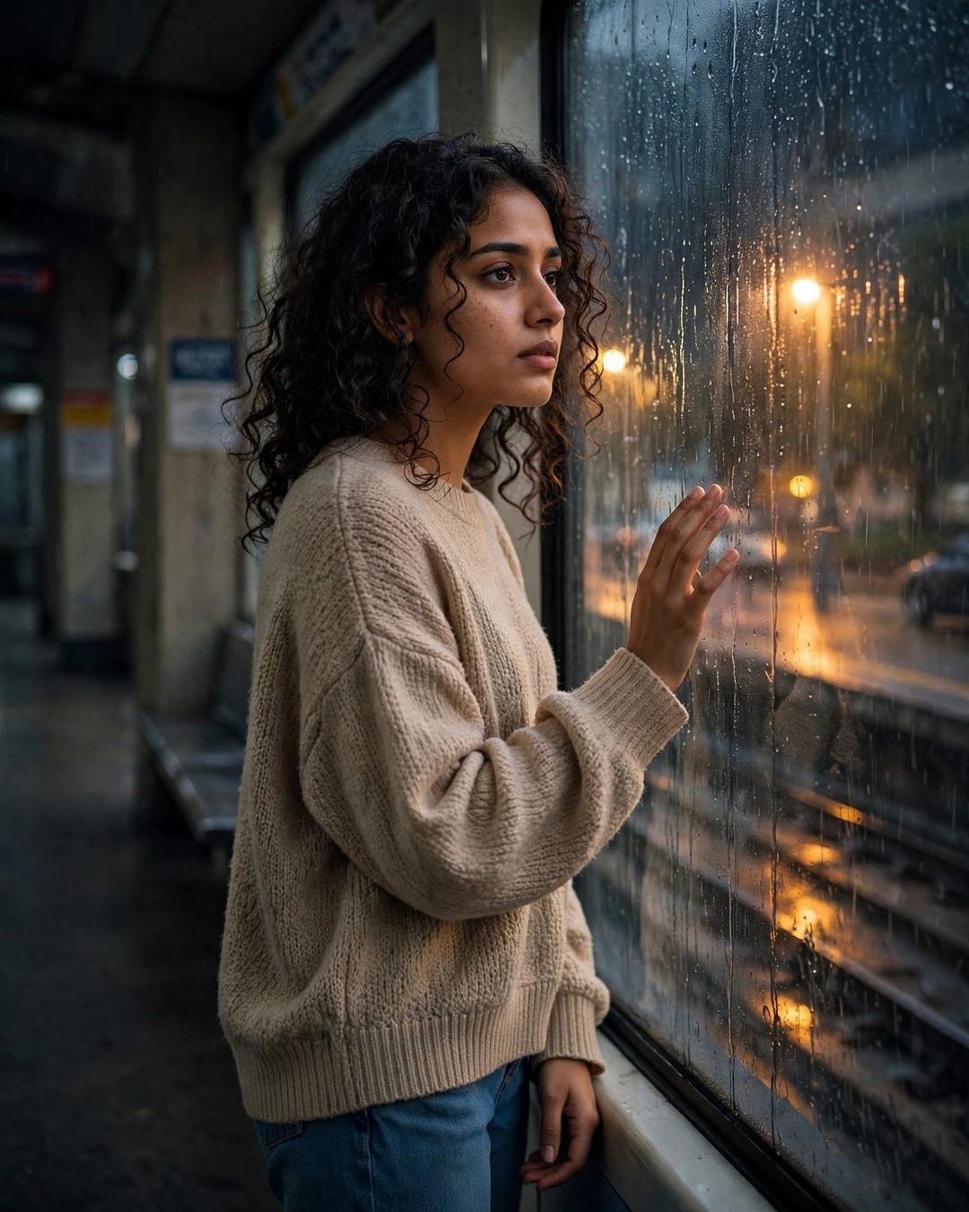 Young Indian woman in an oversized beige sweater with her hand on a rain-streaked metro station window