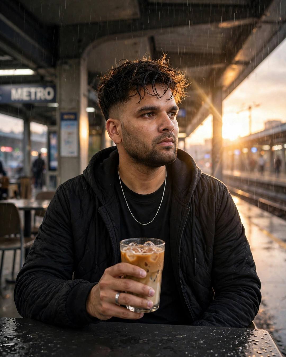 Young Indian man in black quilted jacket at a metro station cafe table holding an iced coffee, drizzle and golden-hour backlight behind him