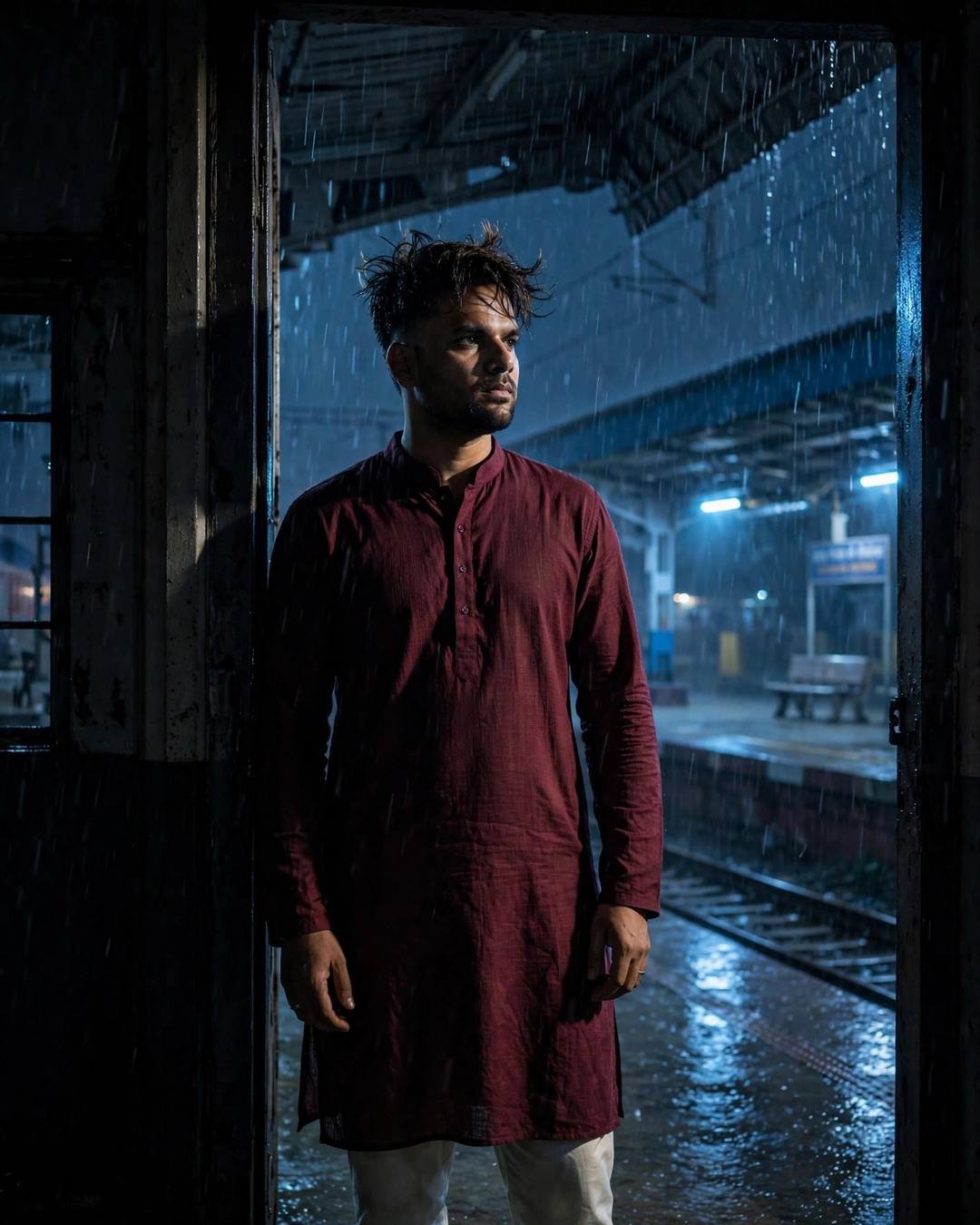Young Indian man in maroon kurta and cream churidar standing in a doorway at an empty railway platform in monsoon rain at night