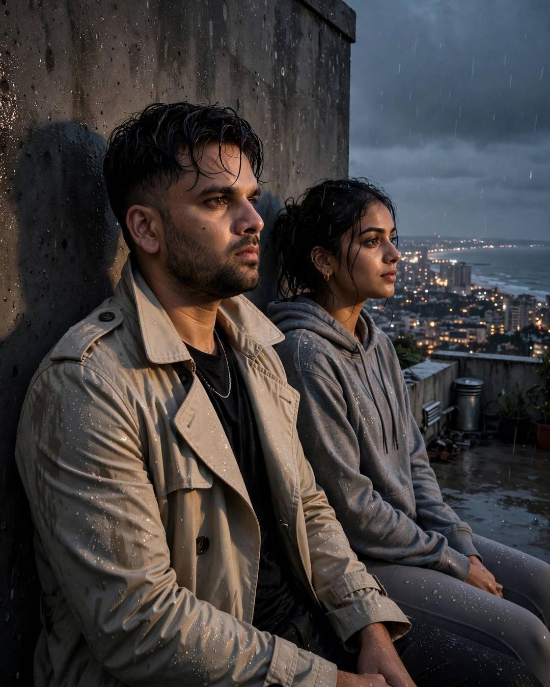 Young couple sitting on a rainy rooftop at night, backs against the wall, city lights below