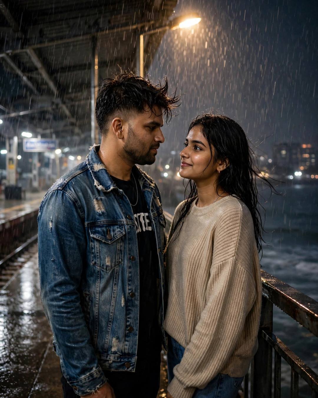 Young couple looking at each other on a rainy railway platform at night